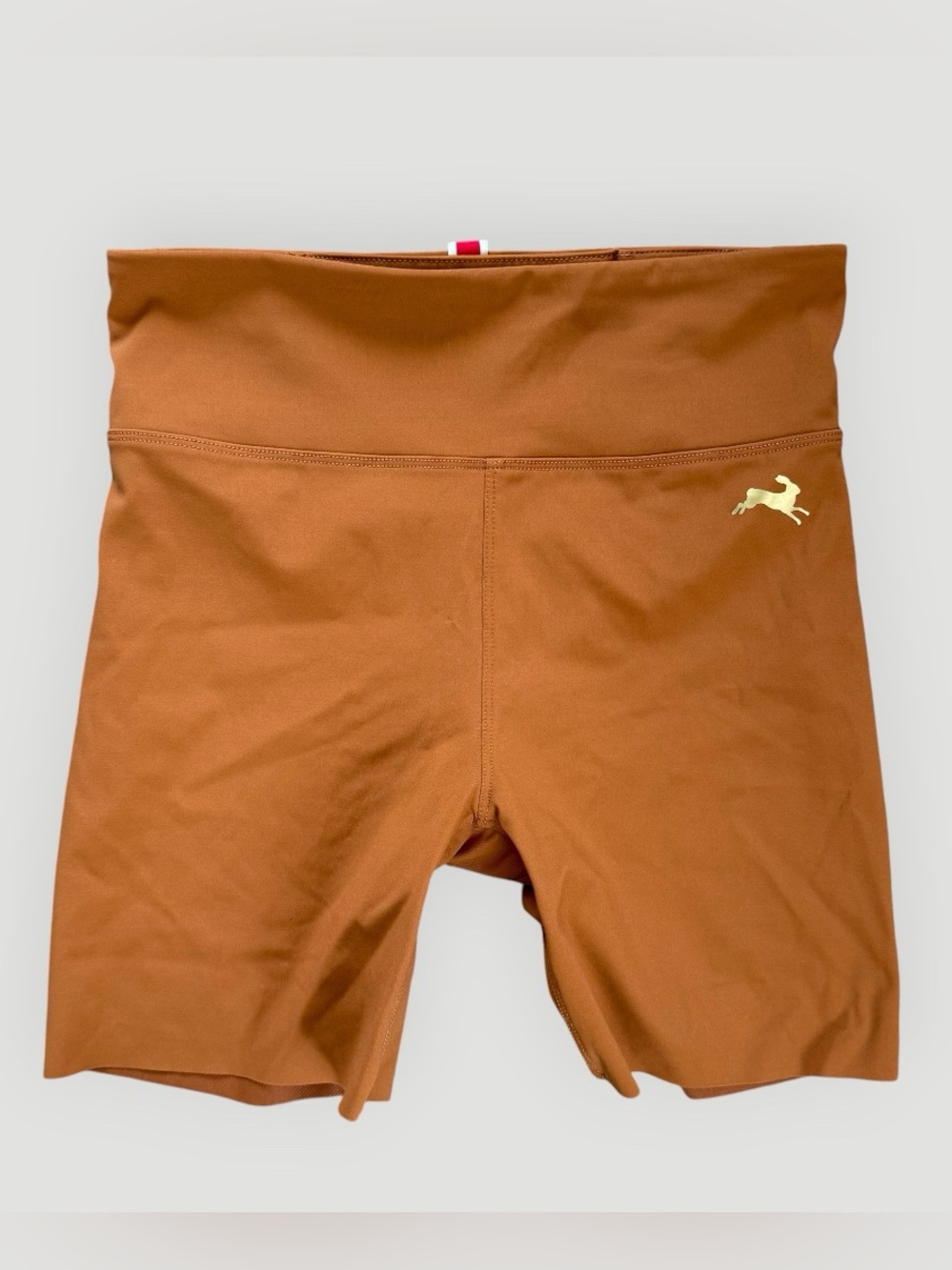 Tracksmith Allston High Rise Short Tights Caramel Brown Gold Hare Running Logo